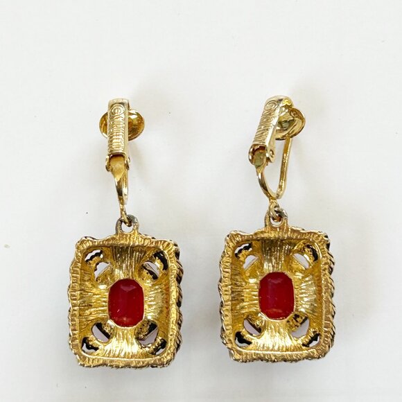 Sarah Coventry Vintage Gold-Tone Clip-On Earrings With Red Glass Signed - Picture 2 of 5